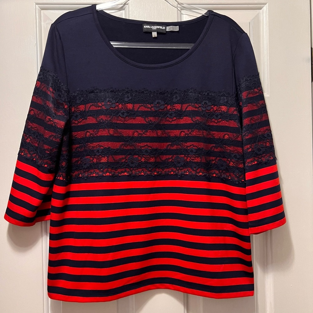 Navy and Red Striped Women's Top